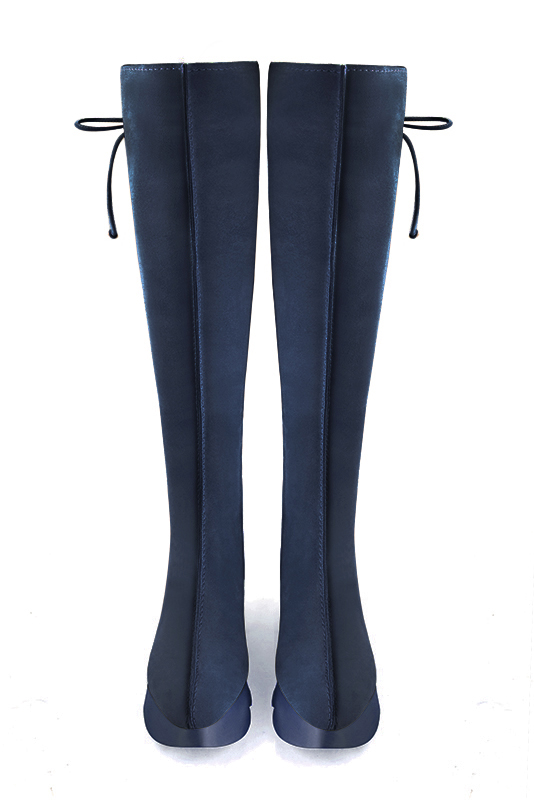 Navy blue women's knee-high boots, with laces at the back. Round toe. Low rubber soles. Made to measure. Top view - Florence KOOIJMAN